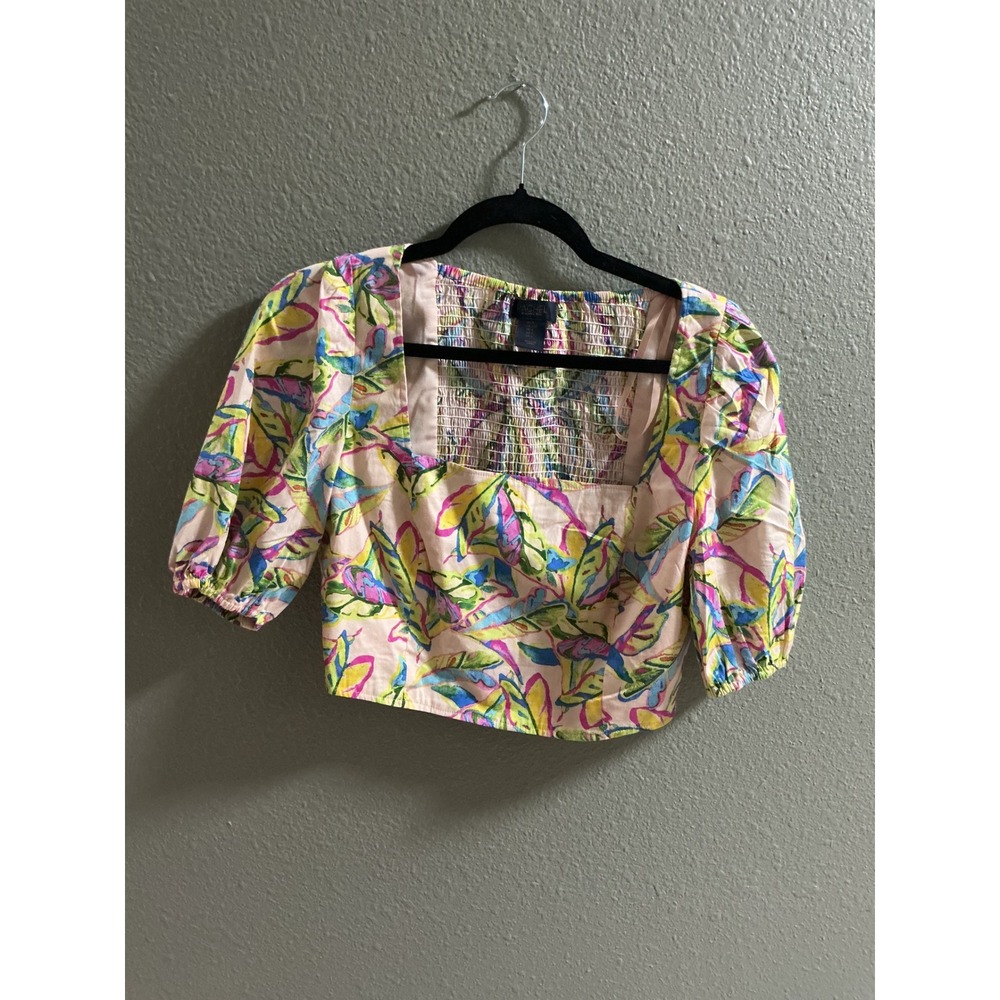 Rachel Rachel Roy Tropical Leaf Square Neck Puff Sleeve Smocked Crop Top Large
